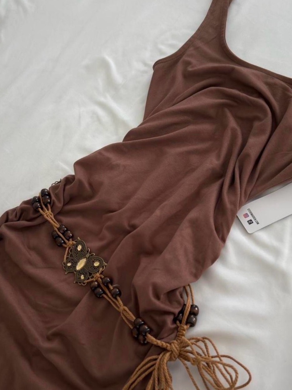 Brown Sleeveless Maxi Dress with Beaded Belt